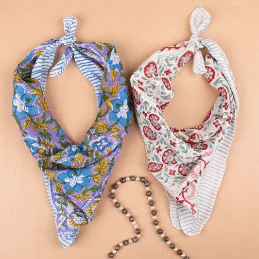 Set of 2 - Vintage Inspired Bandanas, 100% Cotton Boho Scarf, Sustainable Neck Tie For Him & Her, Floral Head Wrap, Eco Boho Gift Accessories