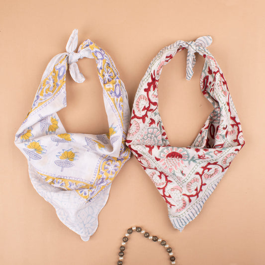 Set of 2 - Pure Cotton Bohemian Bandanas, Lightweight Floral Wrap, Sustainable Handmade Headband, Block Print Wrist Tie, Fashion Accessory