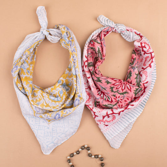 Set of 2 - Cotton Bandana Scarf, Handprinted Floral Wrap, Soft Vintage Style Head & Neck Accessory, 100% Handmade Block Print Head Wrap