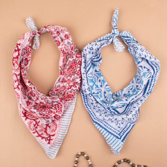 Set of 2 - Trendy Western Scarf For Festival & Outdoor, Handcrafted Bandana Scarf, Eco-Friendly Floral Print Cotton, Bohemian Head Tie