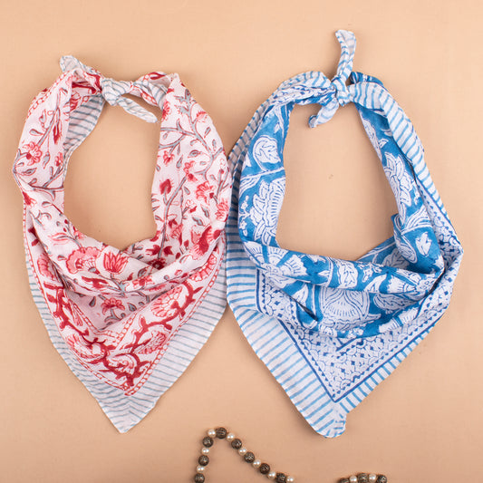 Set of 2 - Dopamine Dressing Bandanas, Colorful Cotton Neck Scarf, Block Printed Head Tie, Lightweight Hair Gift Wrap, Vintage Gift Idea
