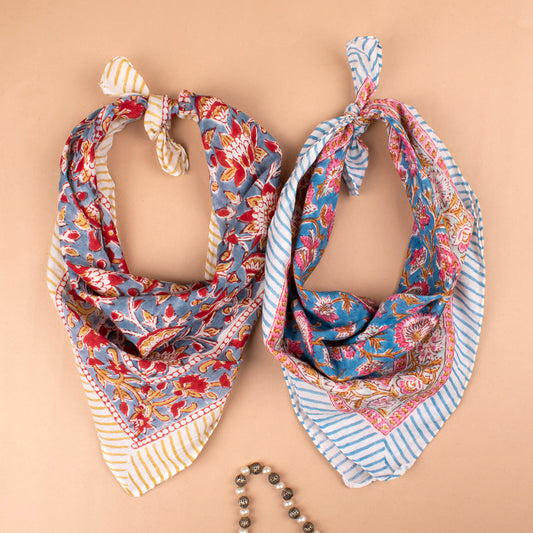 Set of 2 - Lightweight Floral Print Neck Tie, Vintage Festival Accessory, Trendy Vintage-Inspired Cotton Bandana Gift For Coastal Style Lovers