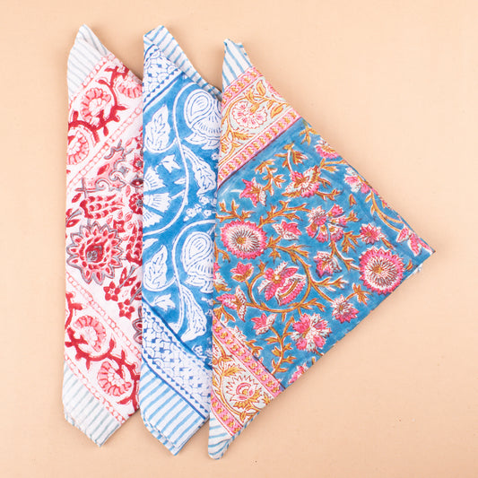Set of 3 - Lightweight Handmade Bandana, Vintage Aesthetic Wrap, Block Printed Summer Scarf, Trendy Accessory For Women & Men
