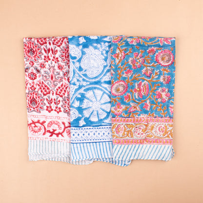 Set of 3 - Lightweight Handmade Bandana, Vintage Aesthetic Wrap, Block Printed Summer Scarf, Trendy Accessory For Women & Men