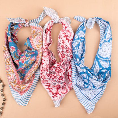 Set of 3 - Lightweight Handmade Bandana, Vintage Aesthetic Wrap, Block Printed Summer Scarf, Trendy Accessory For Women & Men