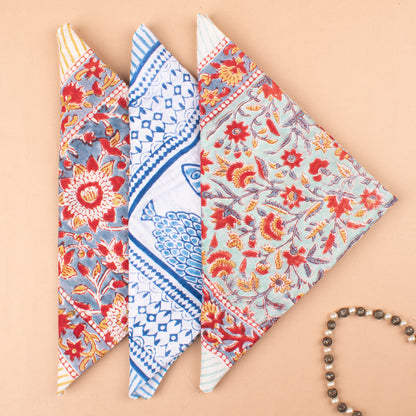 Set of 3 - Floral Block Print Bandanas, Lightweight Cotton Head Wrap, Eco-Friendly Dopamine Fashion Gift, Boho Hair And Neck Tie