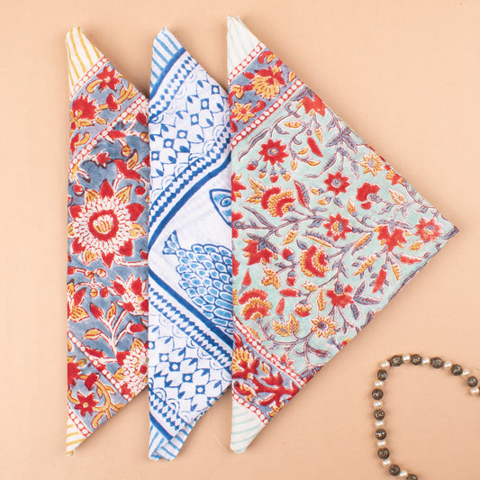 Set of 3 - Floral Block Print Bandanas, Lightweight Cotton Head Wrap, Eco-Friendly Dopamine Fashion Gift, Boho Hair And Neck Tie