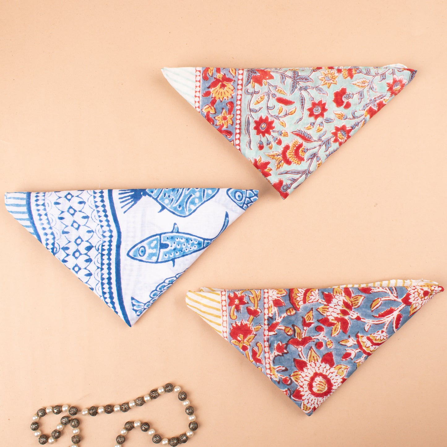 Set of 3 - Floral Block Print Bandanas, Lightweight Cotton Head Wrap, Eco-Friendly Dopamine Fashion Gift, Boho Hair And Neck Tie