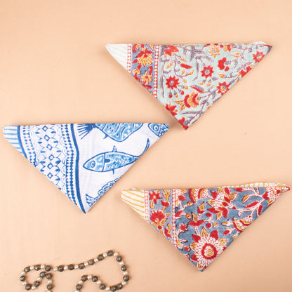 Set of 3 - Floral Block Print Bandanas, Lightweight Cotton Head Wrap, Eco-Friendly Dopamine Fashion Gift, Boho Hair And Neck Tie