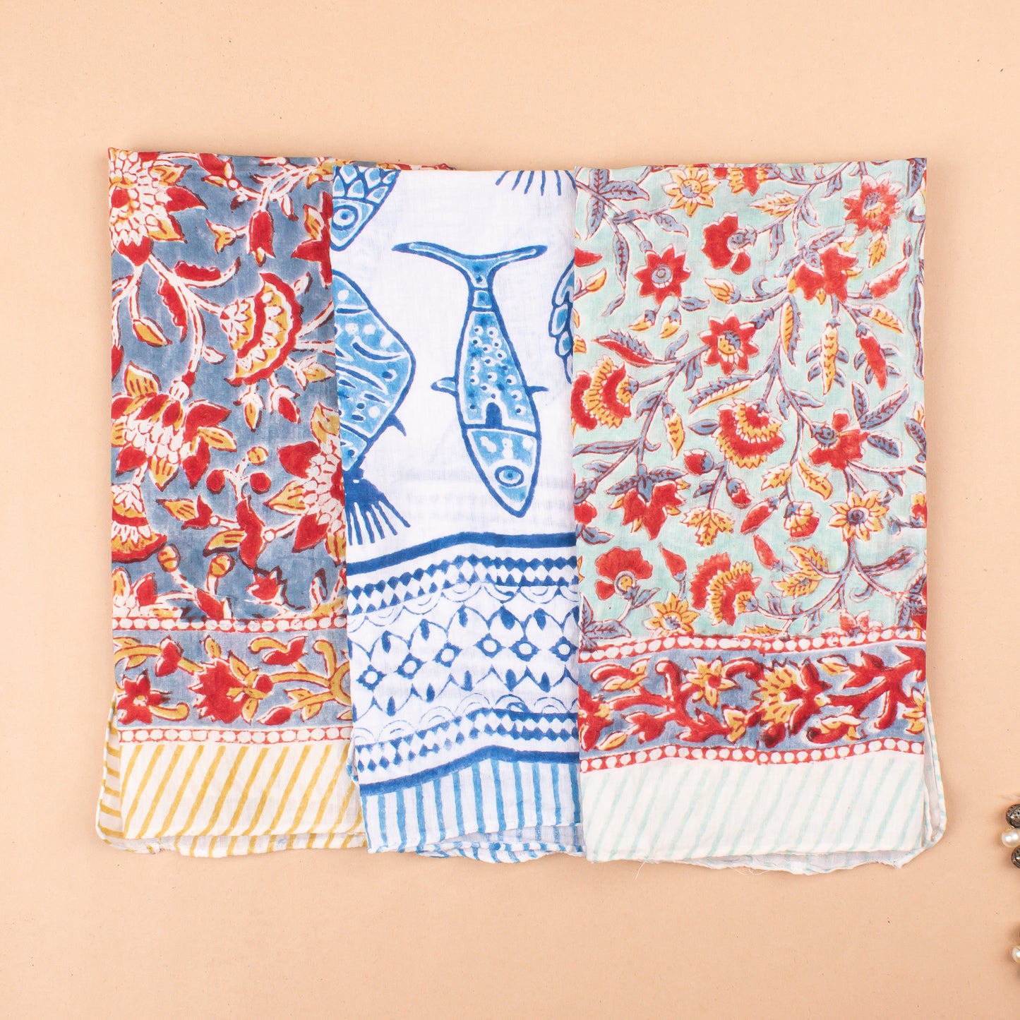 Set of 3 - Floral Block Print Bandanas, Lightweight Cotton Head Wrap, Eco-Friendly Dopamine Fashion Gift, Boho Hair And Neck Tie