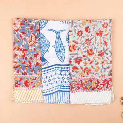 Set of 3 - Floral Block Print Bandanas, Lightweight Cotton Head Wrap, Eco-Friendly Dopamine Fashion Gift, Boho Hair And Neck Tie
