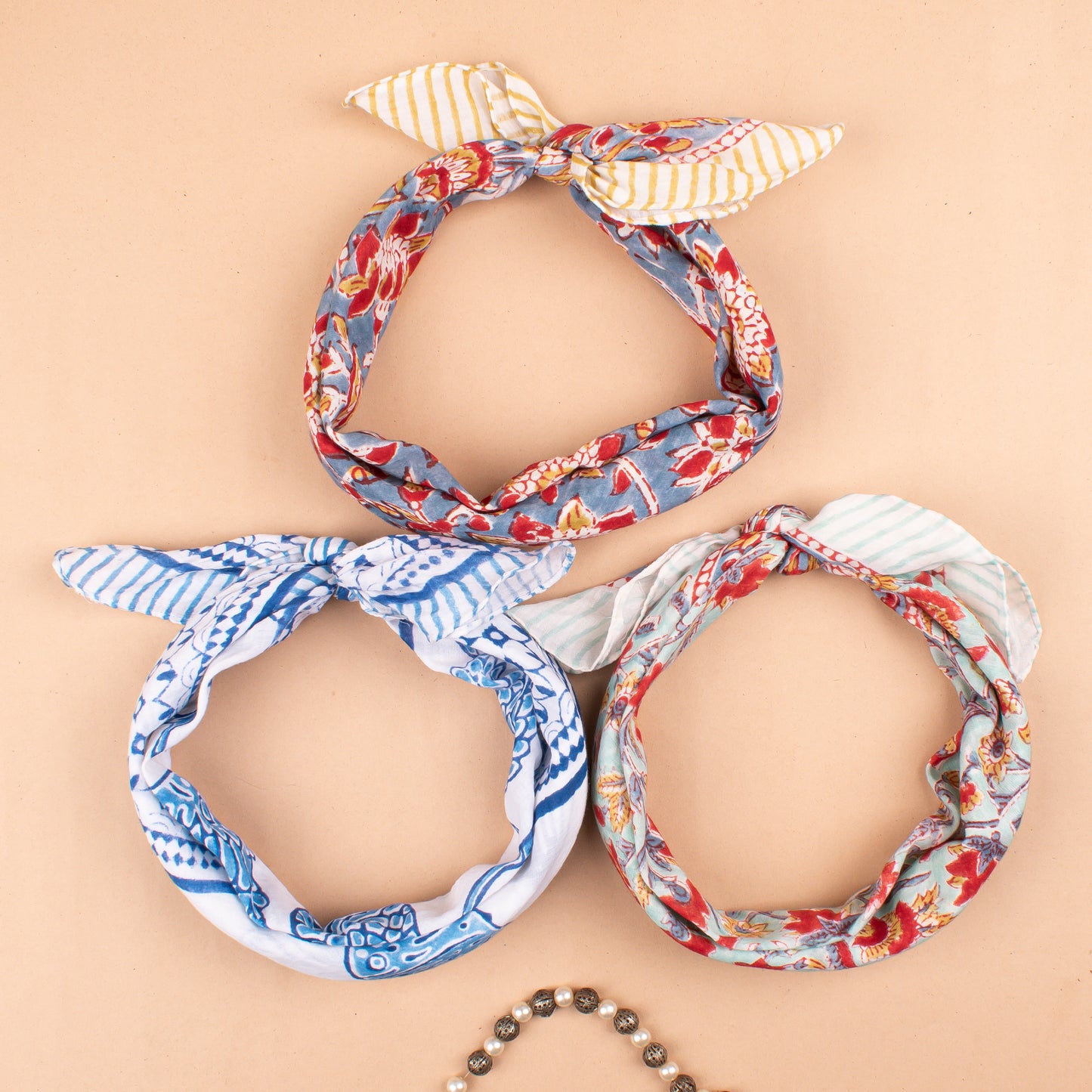 Set of 3 - Floral Block Print Bandanas, Lightweight Cotton Head Wrap, Eco-Friendly Dopamine Fashion Gift, Boho Hair And Neck Tie