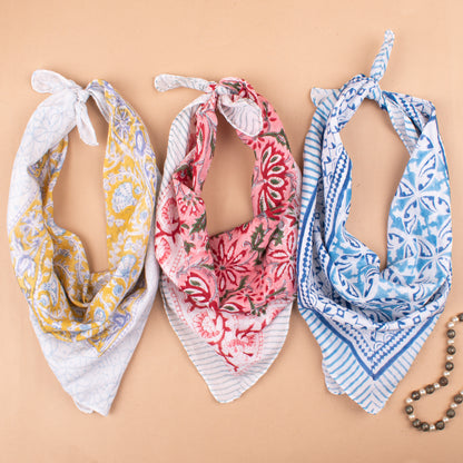 Set of 3 - Sustainable Cotton Bandanas, Handmade Head & Neck Scarf, Bohemian Print Hair Tie, Style Wrap For Trendy Outfits, Trendy Gift Idea