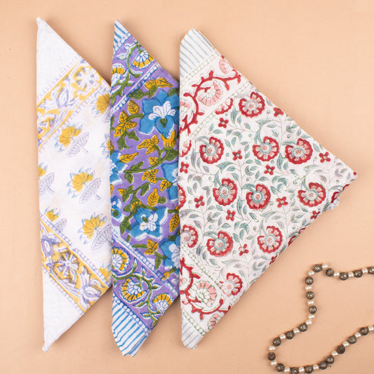 Set of 3 - 100% Cotton Handblock Printed Bandana, Lightweight Boho Head Wrap, Eco-Friendly Neck Scarf, Unisex Summer Accessory