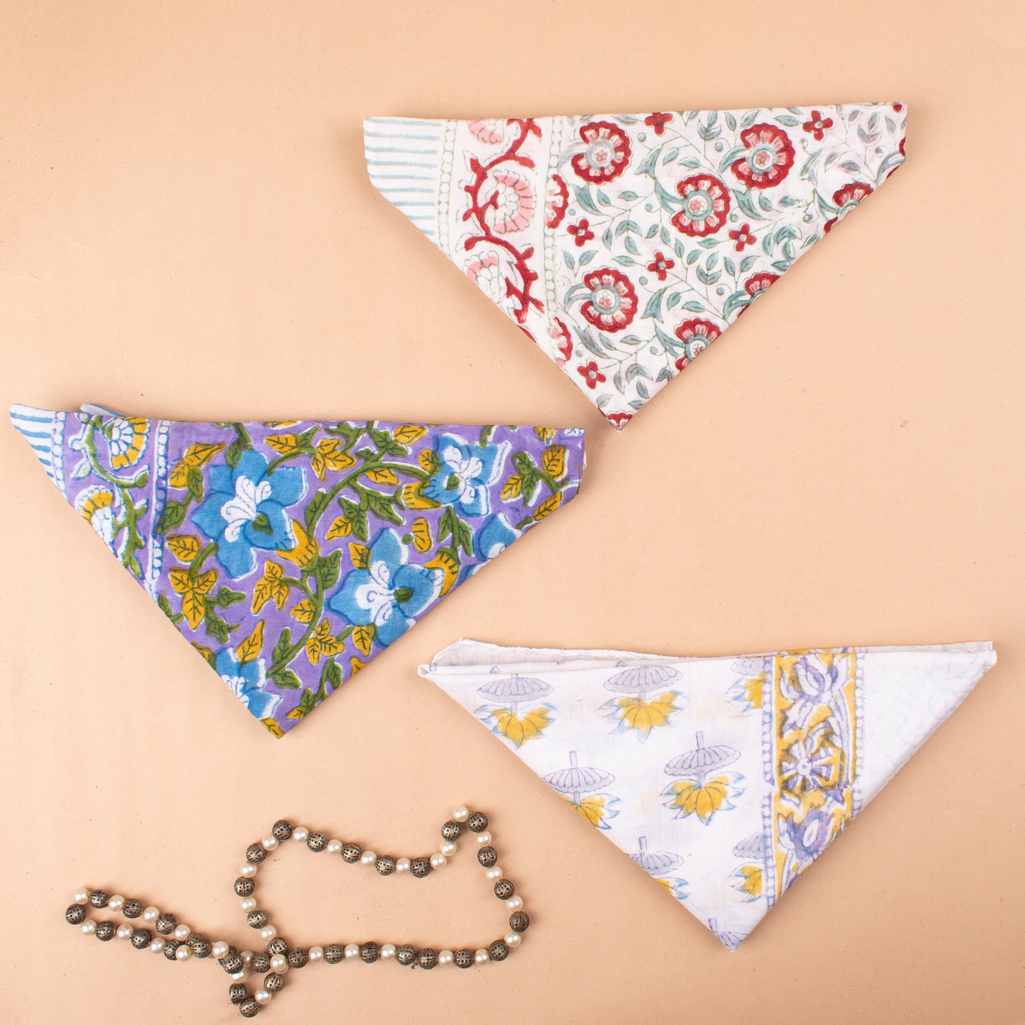 Set of 3 - 100% Cotton Handblock Printed Bandana, Lightweight Boho Head Wrap, Eco-Friendly Neck Scarf, Unisex Summer Accessory