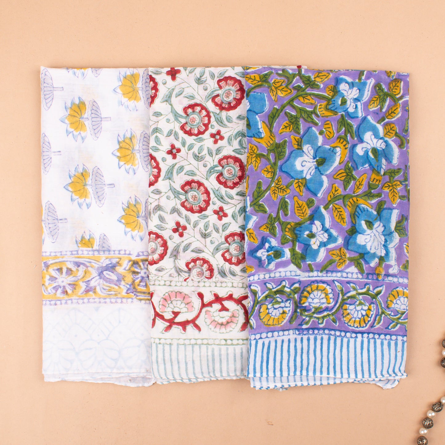 Set of 3 - 100% Cotton Handblock Printed Bandana, Lightweight Boho Head Wrap, Eco-Friendly Neck Scarf, Unisex Summer Accessory