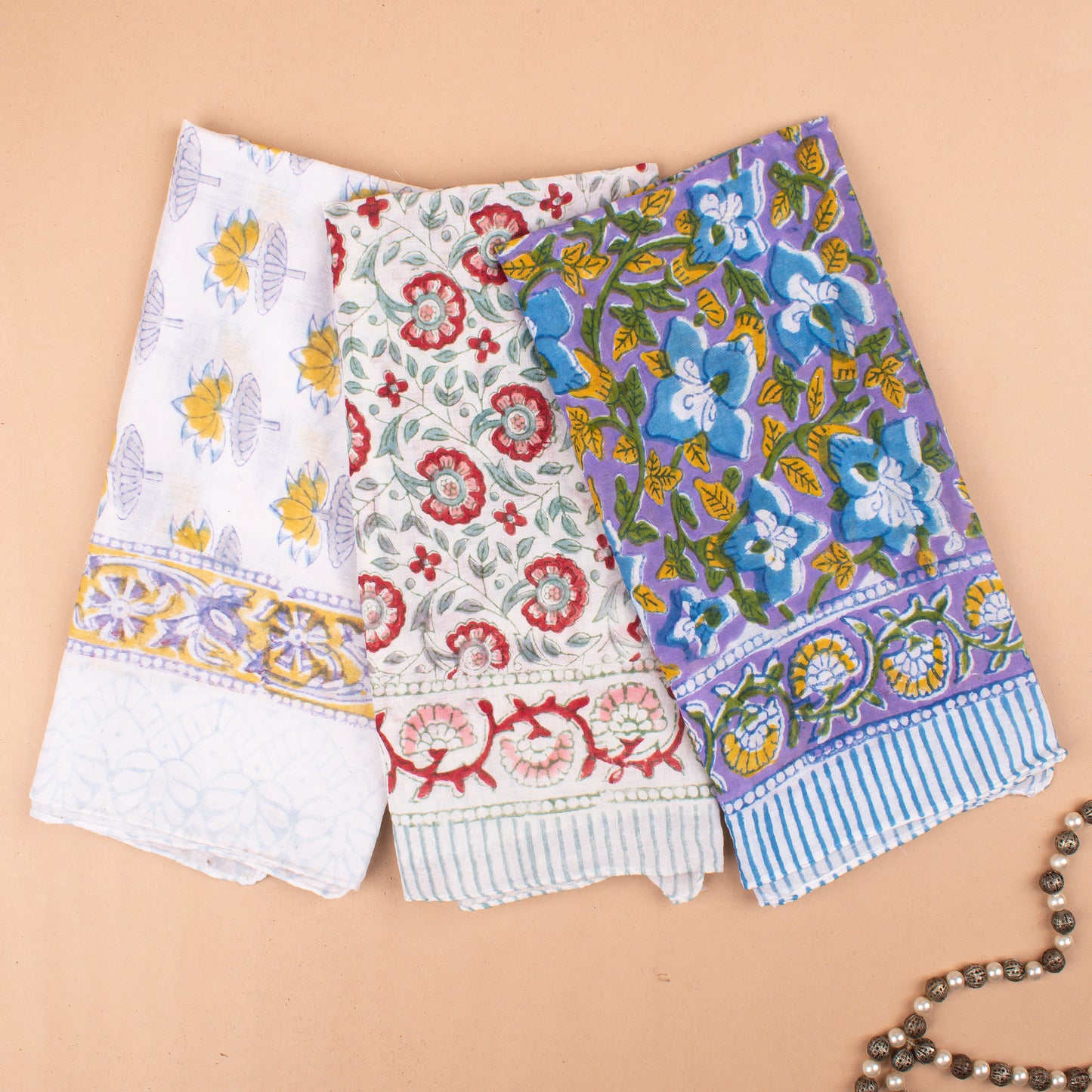 Set of 3 - 100% Cotton Handblock Printed Bandana, Lightweight Boho Head Wrap, Eco-Friendly Neck Scarf, Unisex Summer Accessory
