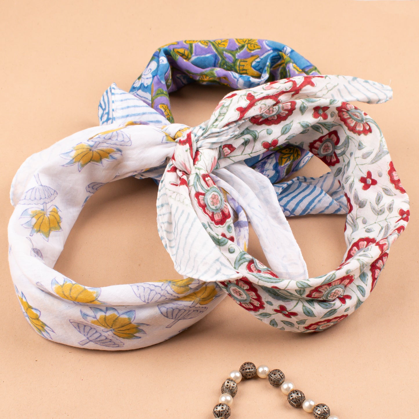 Set of 3 - 100% Cotton Handblock Printed Bandana, Lightweight Boho Head Wrap, Eco-Friendly Neck Scarf, Unisex Summer Accessory