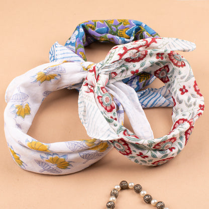 Set of 3 - 100% Cotton Handblock Printed Bandana, Lightweight Boho Head Wrap, Eco-Friendly Neck Scarf, Unisex Summer Accessory