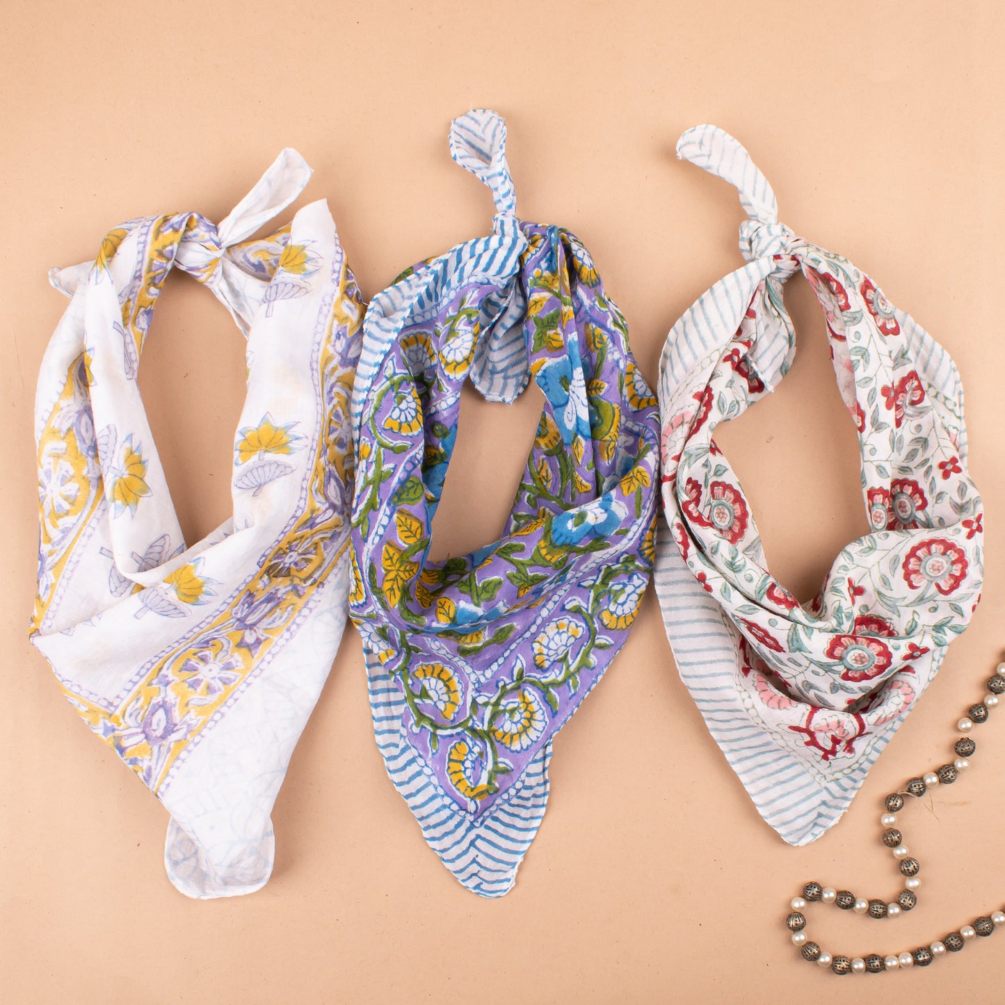 Set of 3 - 100% Cotton Handblock Printed Bandana, Lightweight Boho Head Wrap, Eco-Friendly Neck Scarf, Unisex Summer Accessory