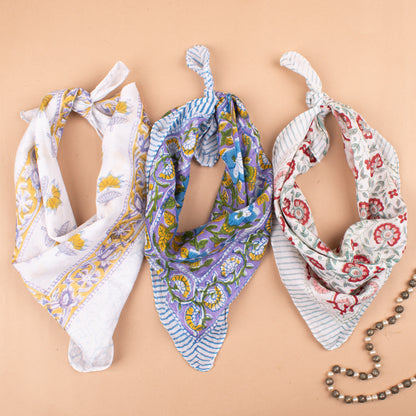 Set of 3 - 100% Cotton Handblock Printed Bandana, Lightweight Boho Head Wrap, Eco-Friendly Neck Scarf, Unisex Summer Accessory