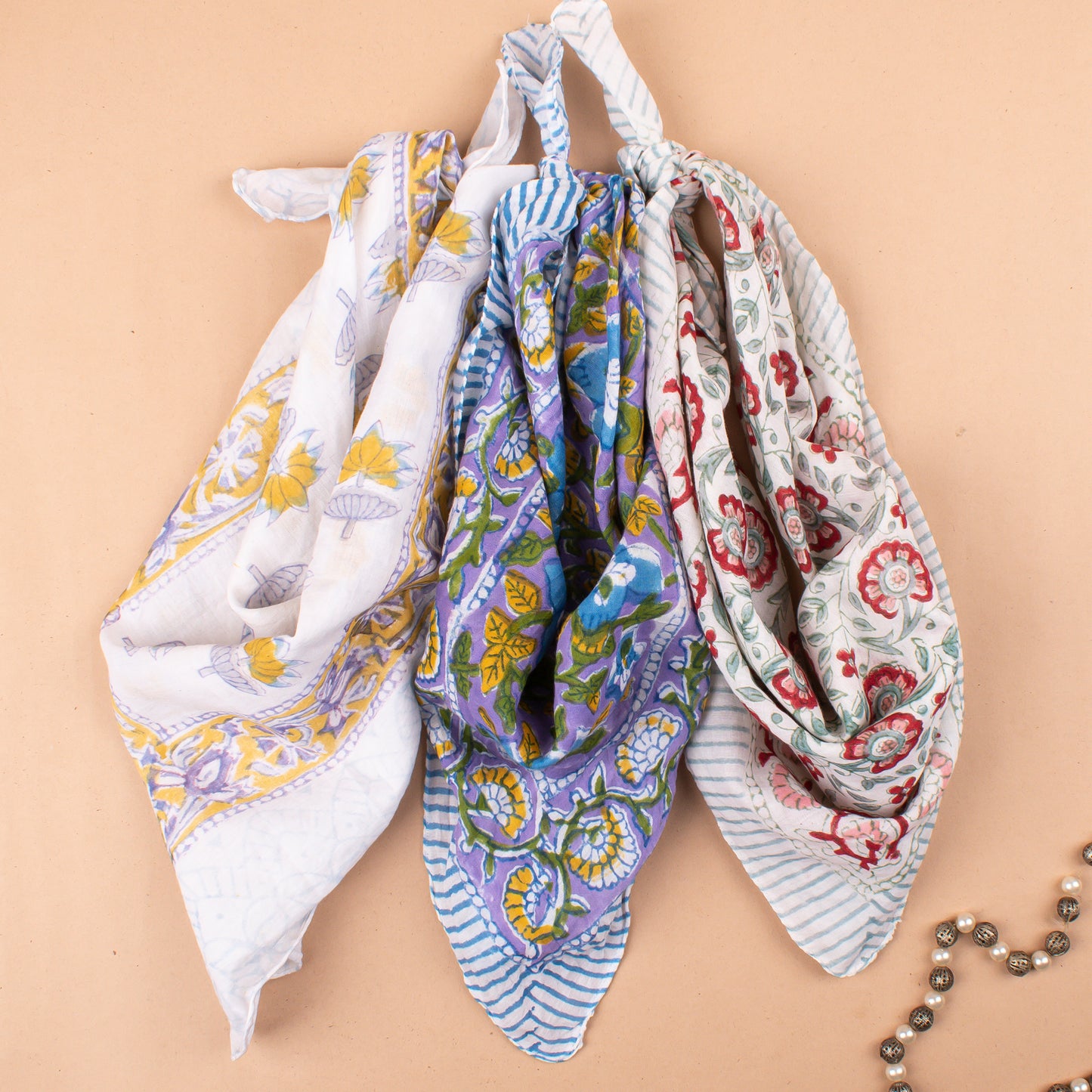 Set of 3 - 100% Cotton Handblock Printed Bandana, Lightweight Boho Head Wrap, Eco-Friendly Neck Scarf, Unisex Summer Accessory