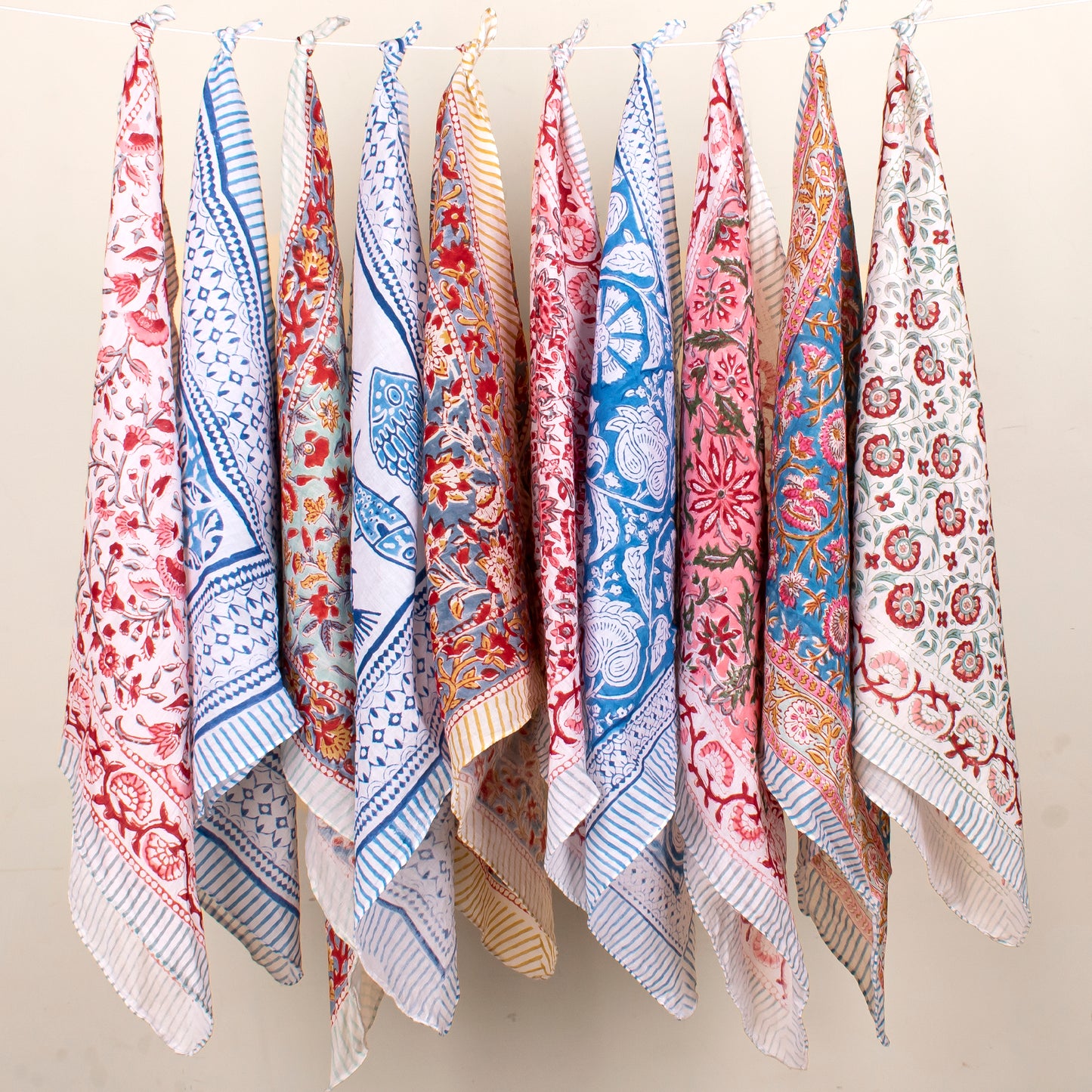 Set of 10 - Pure Cotton Bohemian Bandana Scarf, Vintage-Inspired Handprinted Head Wrap, Sustainable Neck Tie For Men & Women