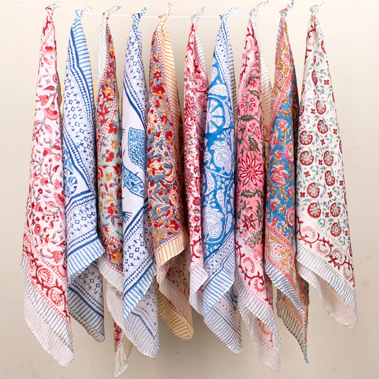 Set of 10 - Pure Cotton Bohemian Bandana Scarf, Vintage-Inspired Handprinted Head Wrap, Sustainable Neck Tie For Men & Women