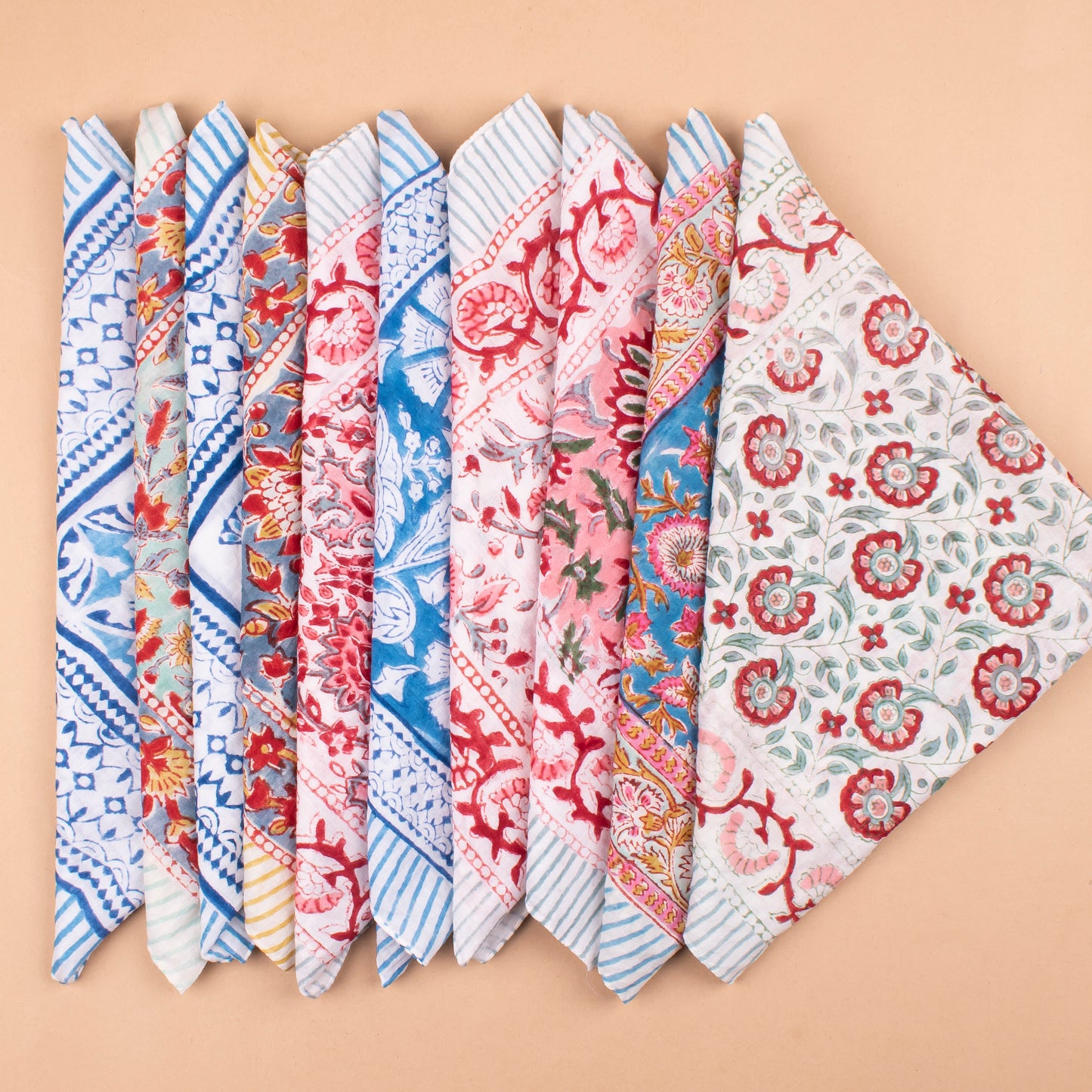 Set of 10 - Pure Cotton Bohemian Bandana Scarf, Vintage-Inspired Handprinted Head Wrap, Sustainable Neck Tie For Men & Women