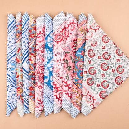 Set of 10 - Pure Cotton Bohemian Bandana Scarf, Vintage-Inspired Handprinted Head Wrap, Sustainable Neck Tie For Men & Women