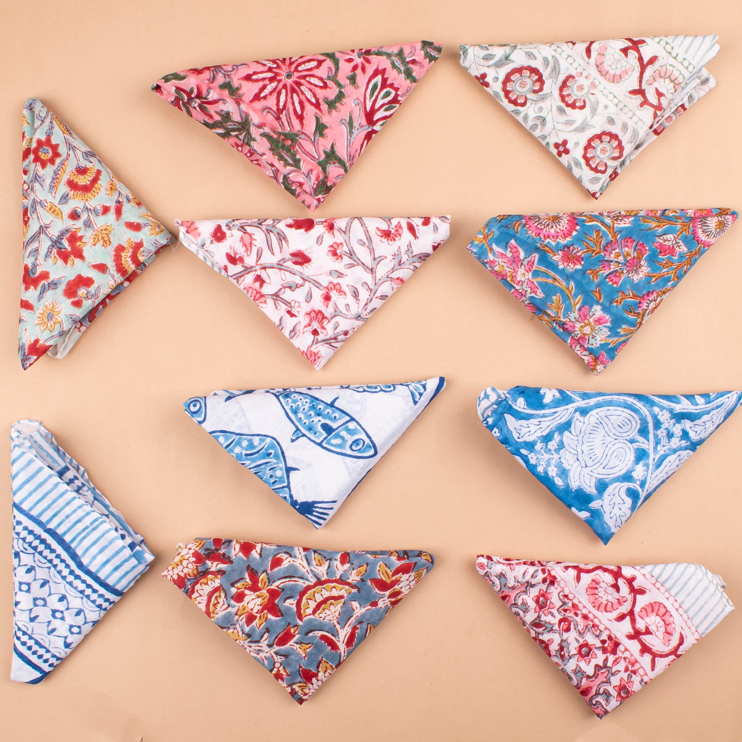 Set of 10 - Pure Cotton Bohemian Bandana Scarf, Vintage-Inspired Handprinted Head Wrap, Sustainable Neck Tie For Men & Women