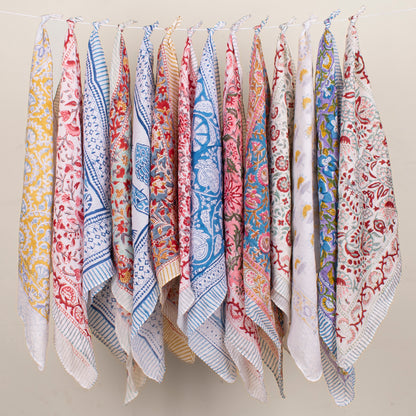 Set of 14 - Unisex Block Printed Cotton Bandana, Soft Lightweight Scarf, Eco-Conscious Boho Hair Tie, Handmade Summer Accessory