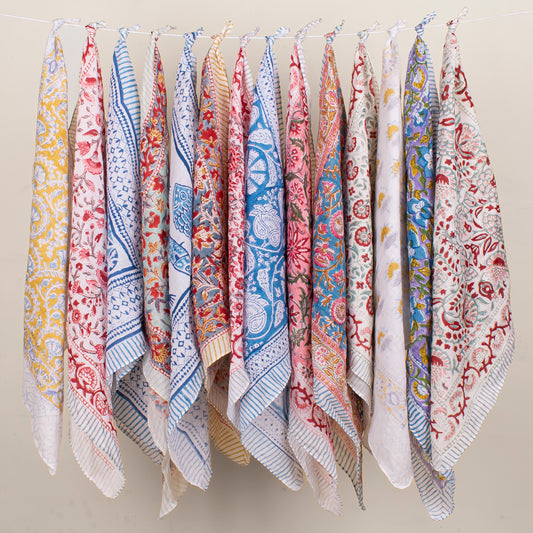 Set of 14 - Unisex Block Printed Cotton Bandana, Soft Lightweight Scarf, Eco-Conscious Boho Hair Tie, Handmade Summer Accessory
