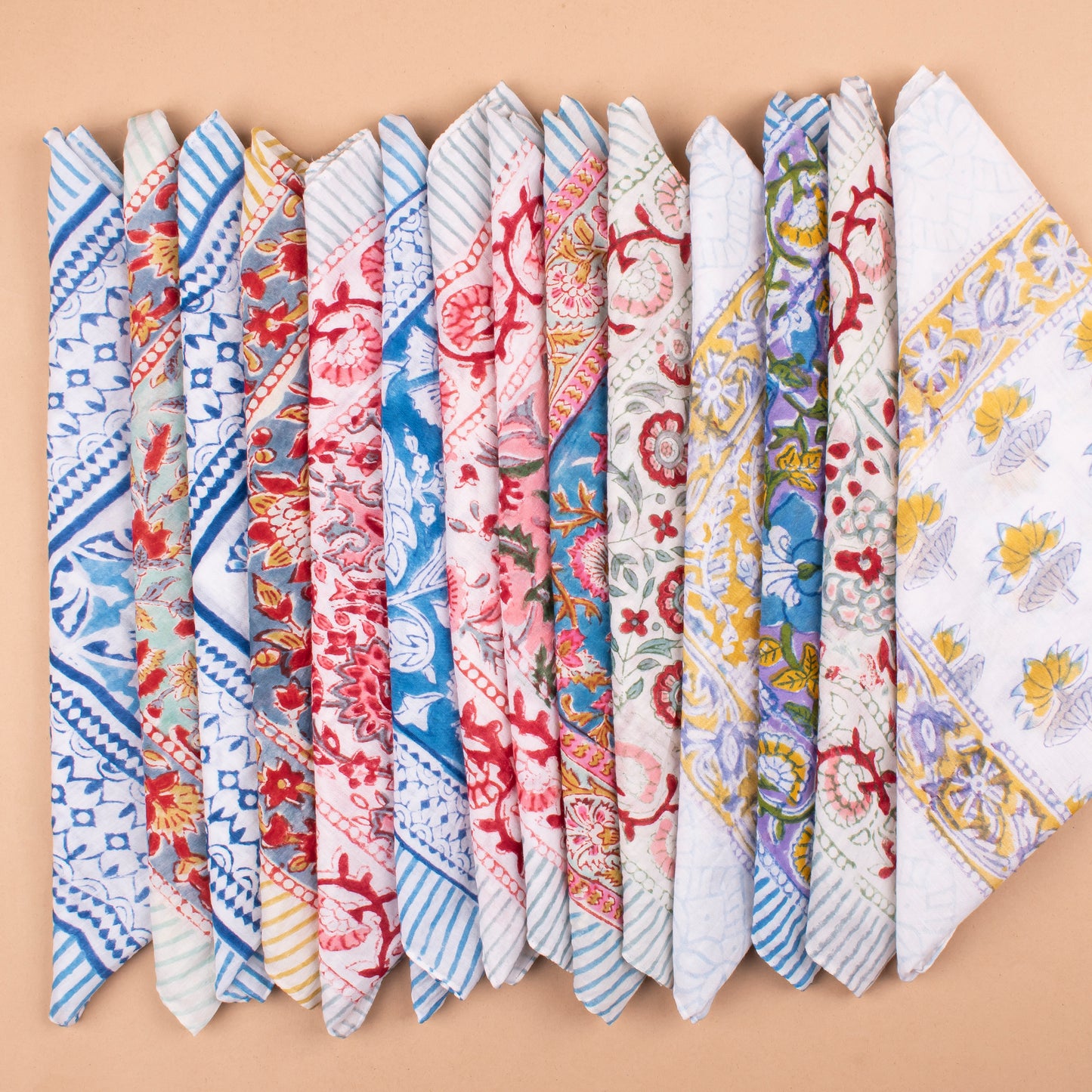 Set of 14 - Unisex Block Printed Cotton Bandana, Soft Lightweight Scarf, Eco-Conscious Boho Hair Tie, Handmade Summer Accessory