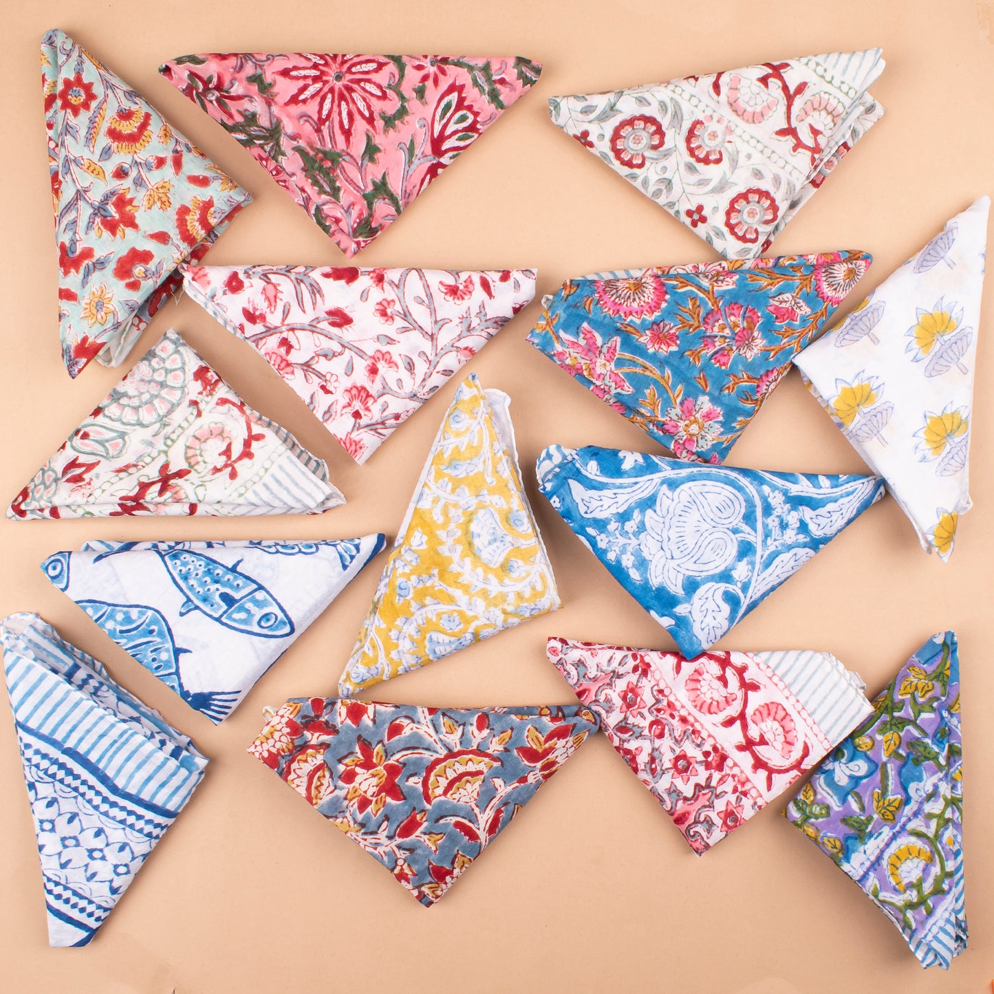 Set of 14 - Unisex Block Printed Cotton Bandana, Soft Lightweight Scarf, Eco-Conscious Boho Hair Tie, Handmade Summer Accessory