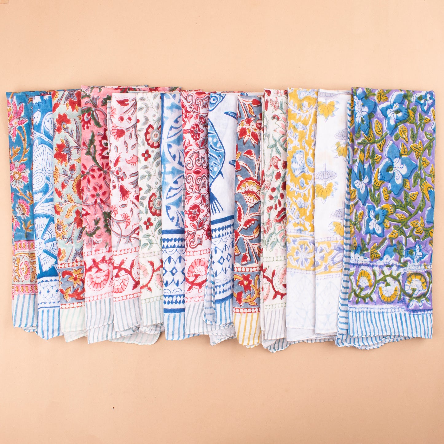 Set of 14 - Unisex Block Printed Cotton Bandana, Soft Lightweight Scarf, Eco-Conscious Boho Hair Tie, Handmade Summer Accessory