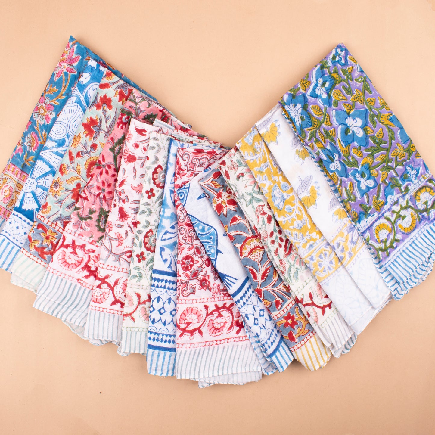Set of 14 - Unisex Block Printed Cotton Bandana, Soft Lightweight Scarf, Eco-Conscious Boho Hair Tie, Handmade Summer Accessory
