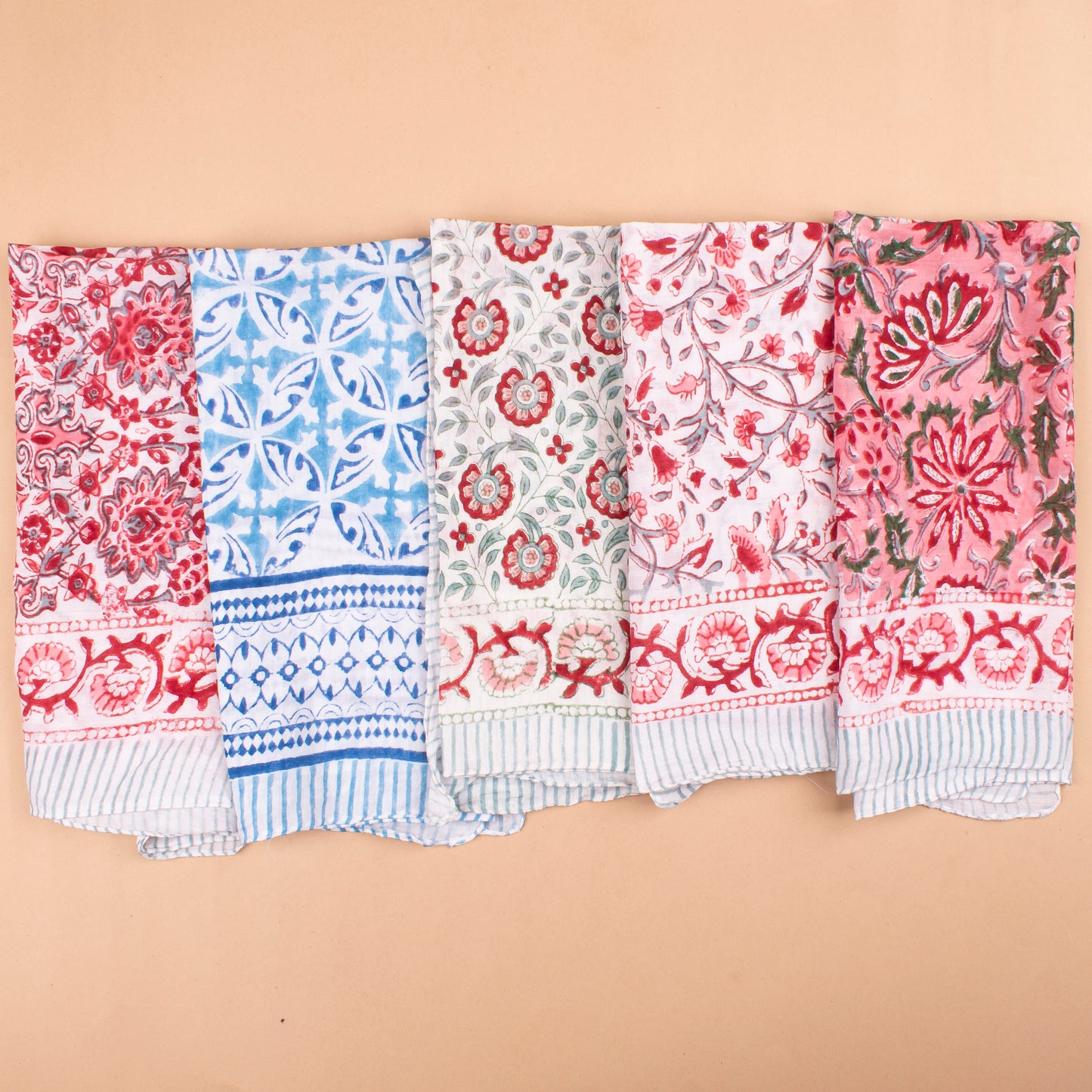 Set of 14 - Unisex Block Printed Cotton Bandana, Soft Lightweight Scarf, Eco-Conscious Boho Hair Tie, Handmade Summer Accessory