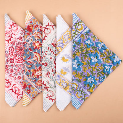 Set of 5 - Floral Handprinted Cotton Bandana, Lightweight Eco-Friendly Scarf, Stylish Head Wrap For Men & Women, Summer Neck Or Wrist Tie