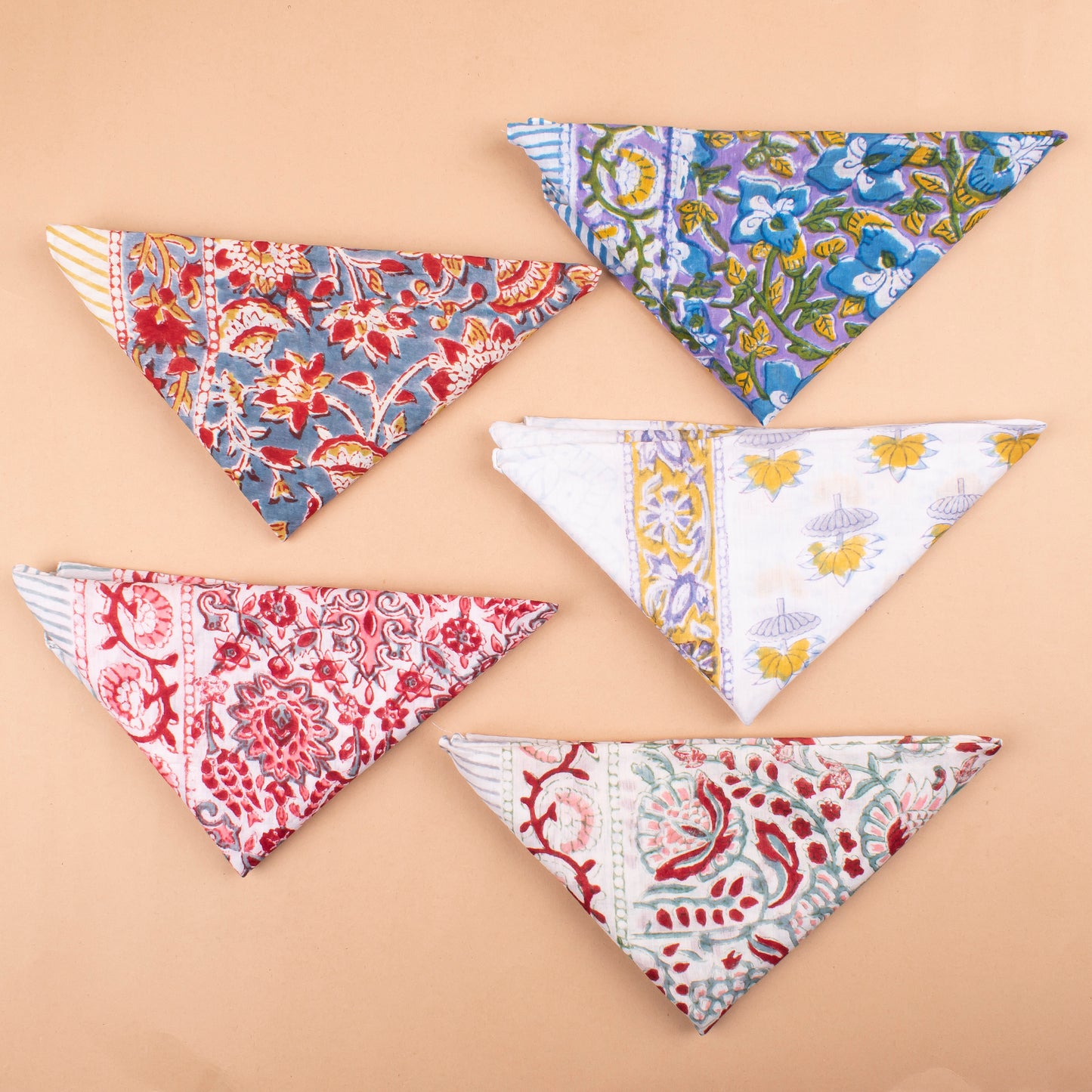 Set of 5 - Floral Handprinted Cotton Bandana, Lightweight Eco-Friendly Scarf, Stylish Head Wrap For Men & Women, Summer Neck Or Wrist Tie