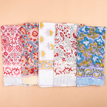 Set of 5 - Floral Handprinted Cotton Bandana, Lightweight Eco-Friendly Scarf, Stylish Head Wrap For Men & Women, Summer Neck Or Wrist Tie
