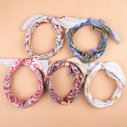 Set of 5 - Floral Handprinted Cotton Bandana, Lightweight Eco-Friendly Scarf, Stylish Head Wrap For Men & Women, Summer Neck Or Wrist Tie