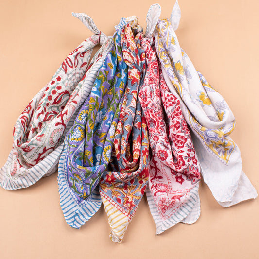 Set of 5 - Floral Handprinted Cotton Bandana, Lightweight Eco-Friendly Scarf, Stylish Head Wrap For Men & Women, Summer Neck Or Wrist Tie