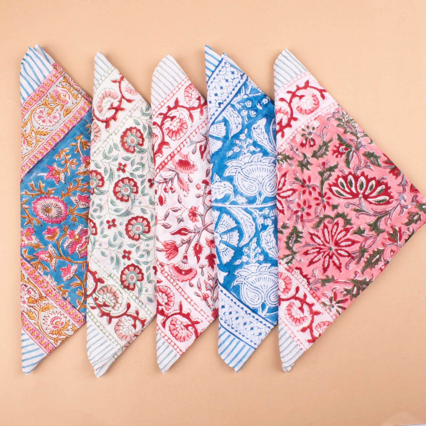 Set of 5 - Classic Cotton Bandana Scarf, Handblock Boho Print, Versatile Neck Wrap, Unisex Head Or Hair Tie Accessory, Unisex Design Bandana