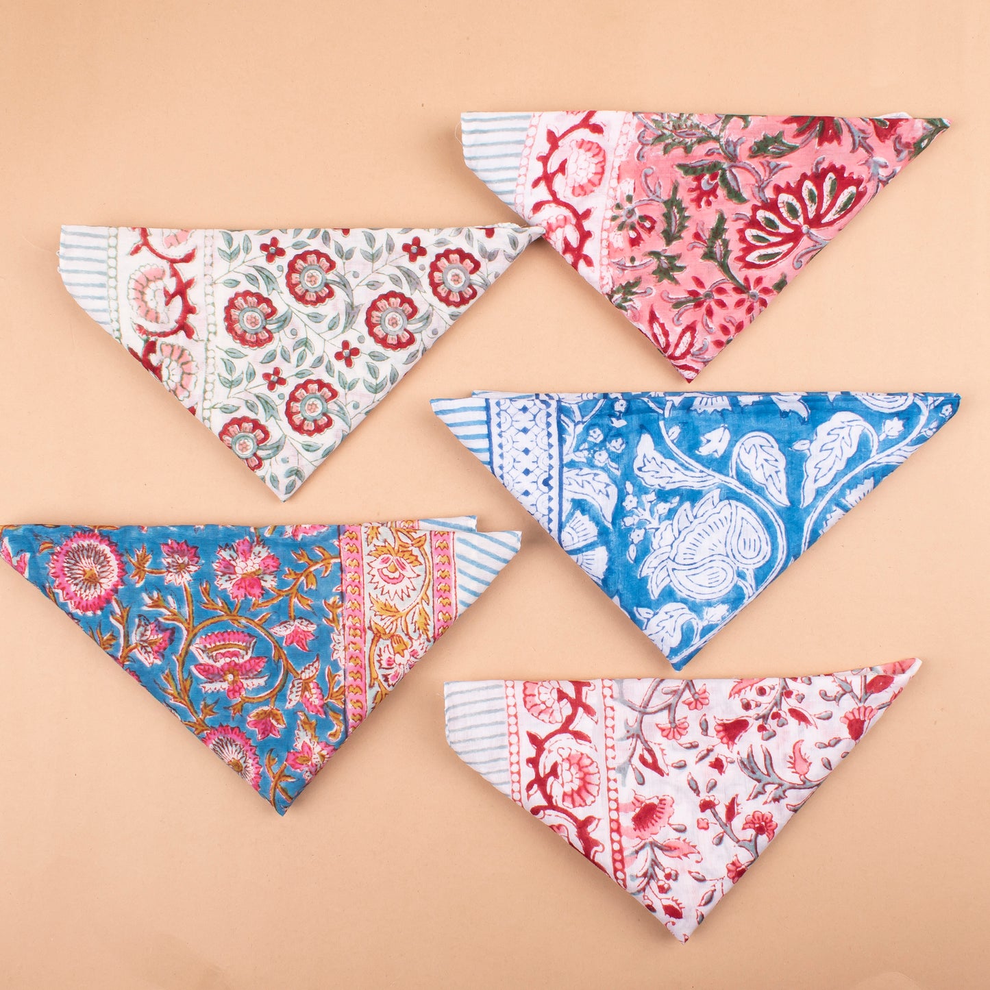 Set of 5 - Classic Cotton Bandana Scarf, Handblock Boho Print, Versatile Neck Wrap, Unisex Head Or Hair Tie Accessory, Unisex Design Bandana