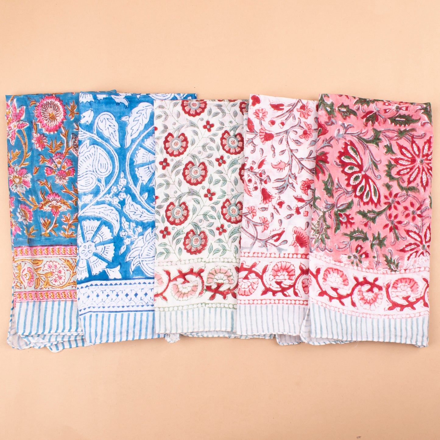 Set of 5 - Classic Cotton Bandana Scarf, Handblock Boho Print, Versatile Neck Wrap, Unisex Head Or Hair Tie Accessory, Unisex Design Bandana