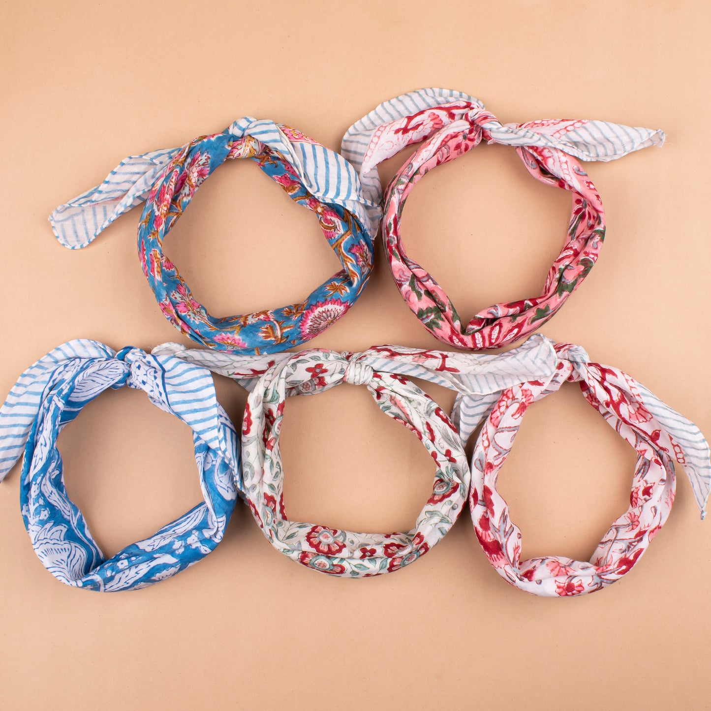 Set of 5 - Classic Cotton Bandana Scarf, Handblock Boho Print, Versatile Neck Wrap, Unisex Head Or Hair Tie Accessory, Unisex Design Bandana