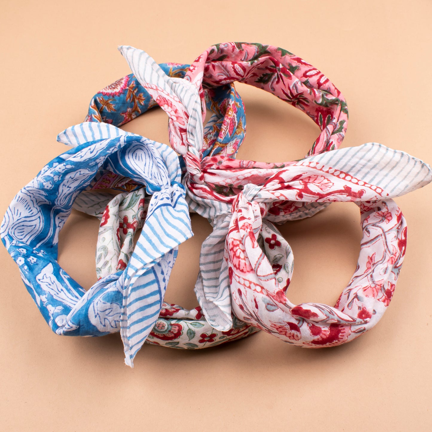 Set of 5 - Classic Cotton Bandana Scarf, Handblock Boho Print, Versatile Neck Wrap, Unisex Head Or Hair Tie Accessory, Unisex Design Bandana