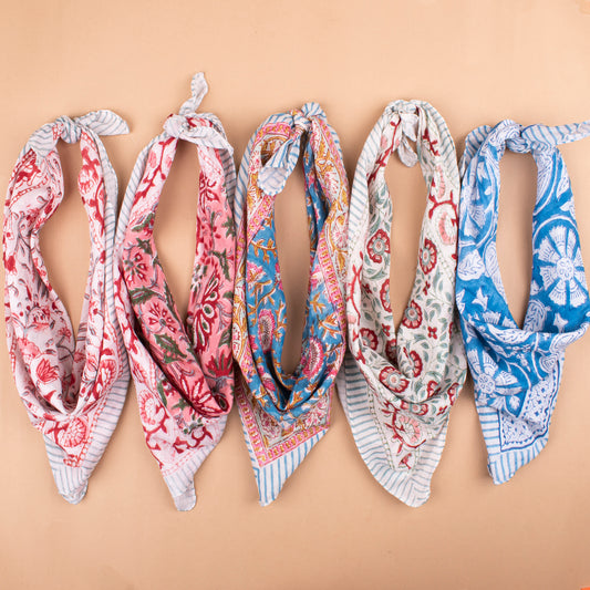Set of 5 - Classic Cotton Bandana Scarf, Handblock Boho Print, Versatile Neck Wrap, Unisex Head Or Hair Tie Accessory, Unisex Design Bandana