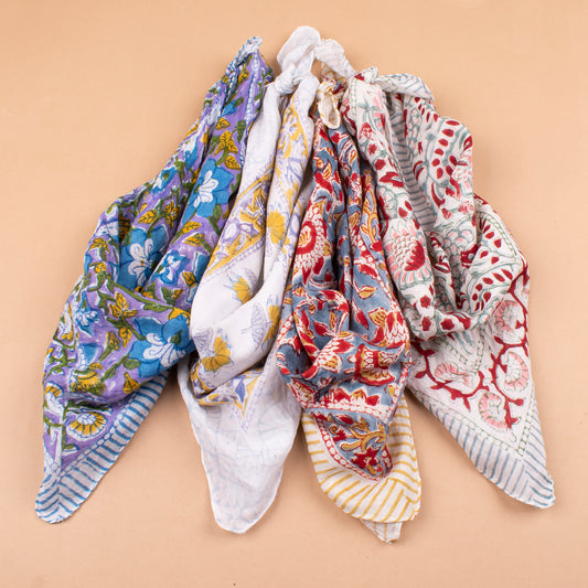 Set of 4 - Eco-Friendly Handblock Printed Bandana, Unisex Head Wrap, Lightweight Summer Accessory, Vintage Style Cotton Bandana